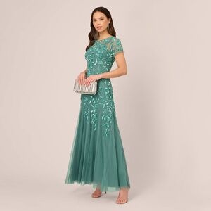 Adrianna Papell Hand Beaded Short Sleeve Floral Godet Gown In Green Slate Size 4